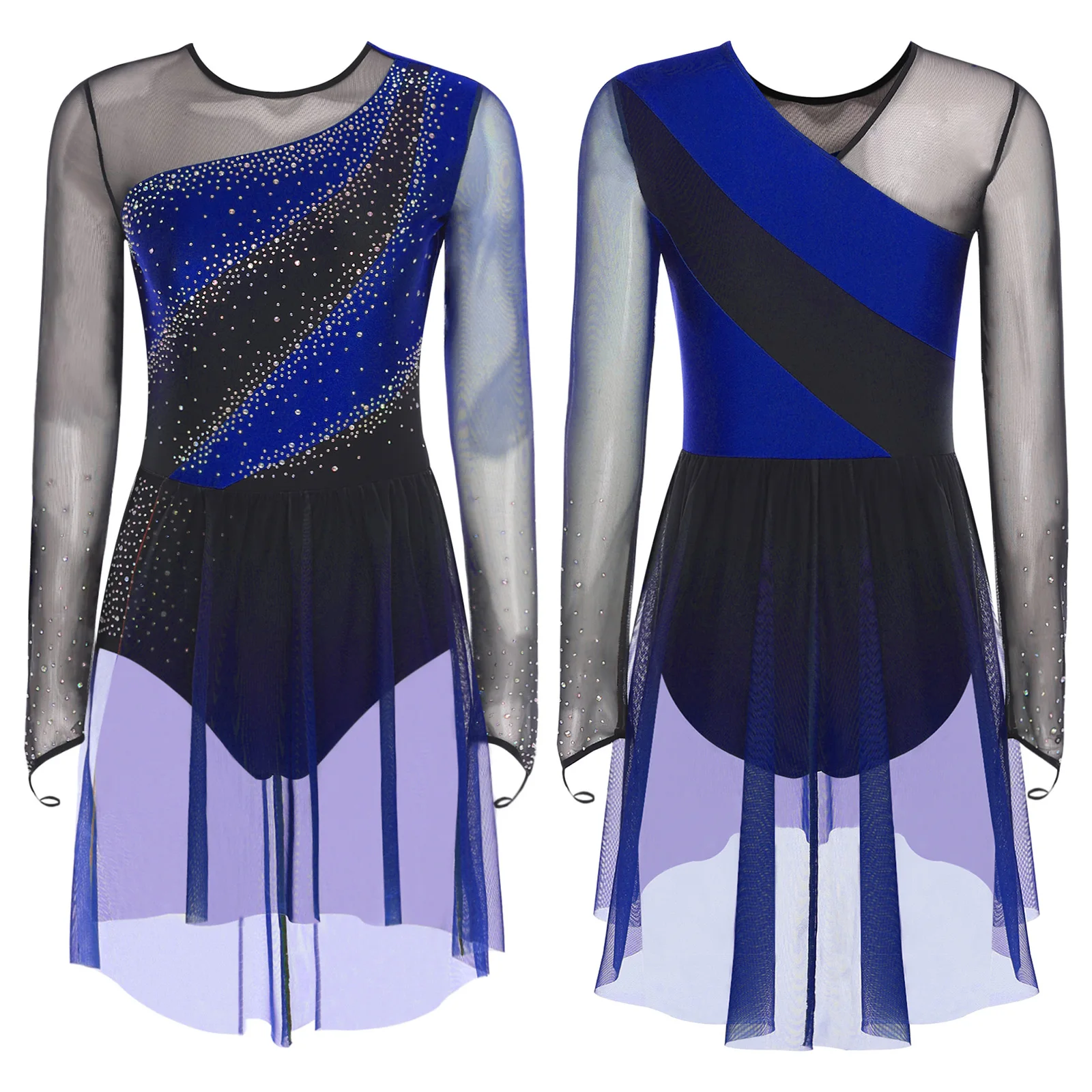 

Womens Shiny Contrast Color Rhinestones Mesh Lyrical Dance Leotard Dress Skirt for Figure Skating Gymnastics Dance Performance