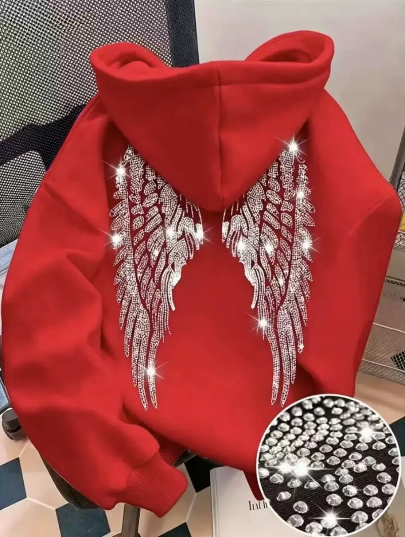 Leisure Spring and Autumn Sweater Wing Print and Hot Rhinestone Two Styles Women's Long-sleeved Pullover Hoodie