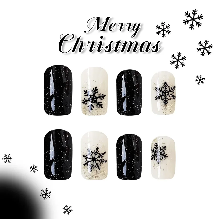 24 ชิ้น Merry Christmas Glitter Snowflake เล็บเคล็ดลับ Glossy Black & White เล็บเคล็ดลับเทศกาล Designs เล็บปลอมสําหรับผู้หญิง