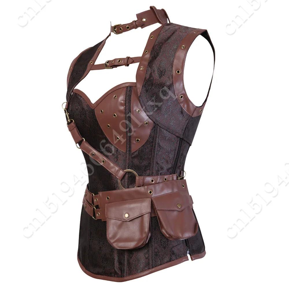 Steampunk Corsets for Women Gothic Corset Bustier Zipper Plus Size Vintage Faux Leather Corset Top Brown