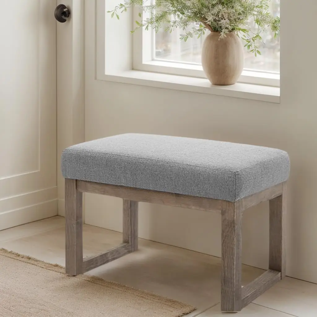 NEW 27 Inch Wide Rectangle Ottoman Bench Grey Footstool, Linen Look Polyester Fabric for Living Room, Bedroom, Grey