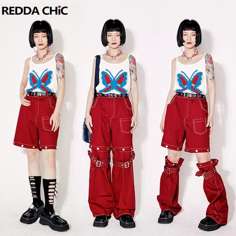 ReddaChic Hip-hop Women Red Cargo Pants 2-In-1 Detachable Baggy Jeans Y2k Wide Leg Jorts Trousers 90s Retro Skater Streetwear