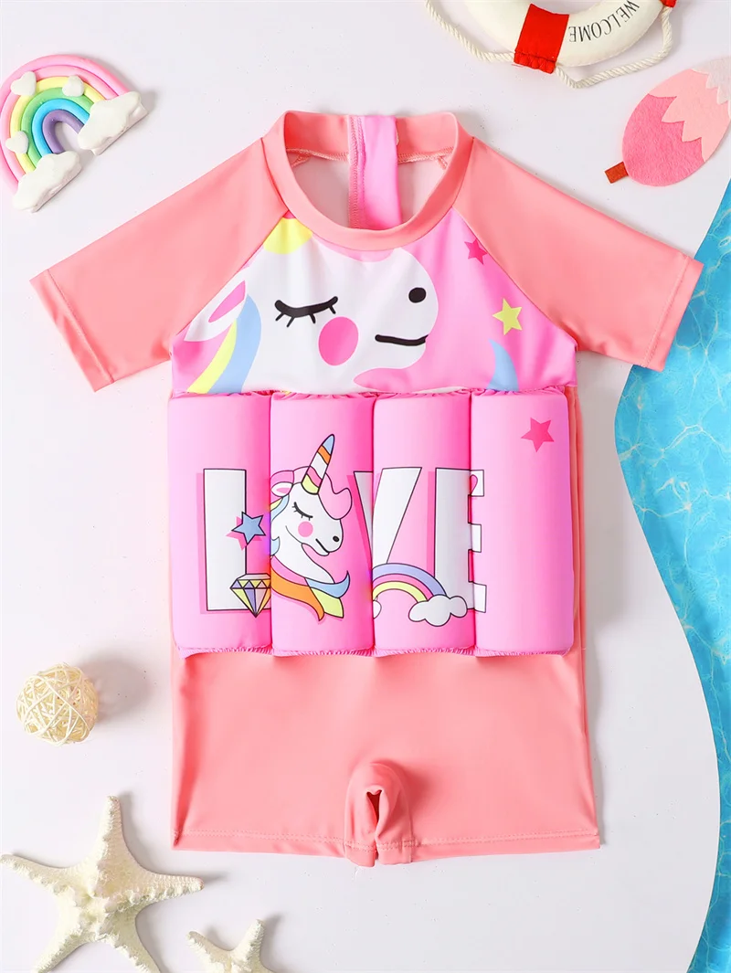 Girls Buoyancy Swimsuit Kids Summer Pool Clothing 2024 New Children Cartoon Print Swimwear Infant Floating Rash Guards Beachwear