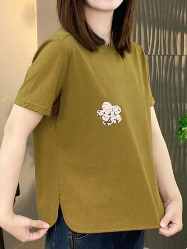 

Casual Commute Style Short Sleeve T-Shirt Women's Loose Fit round Neck Printed Top Slimming Belly Covering Versatile Mid-aged...