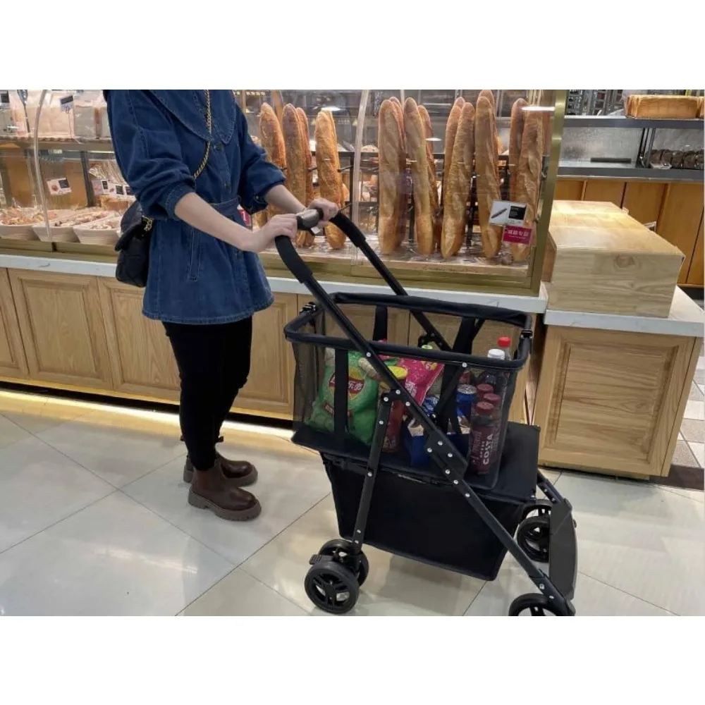 2 Tier Folding Shopping Cart with Wheel,Multi-Functional Collapsible Hand Truck for Grocery,Shopping, Baggage. with Basket