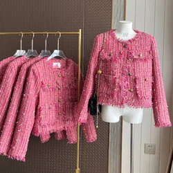 Pink Tweed Jacket Women Long Sleeve 2023 New Small Fragrance Tassel O Neck Korea Fashion Office Casual Lady Jacket Autumn Winter