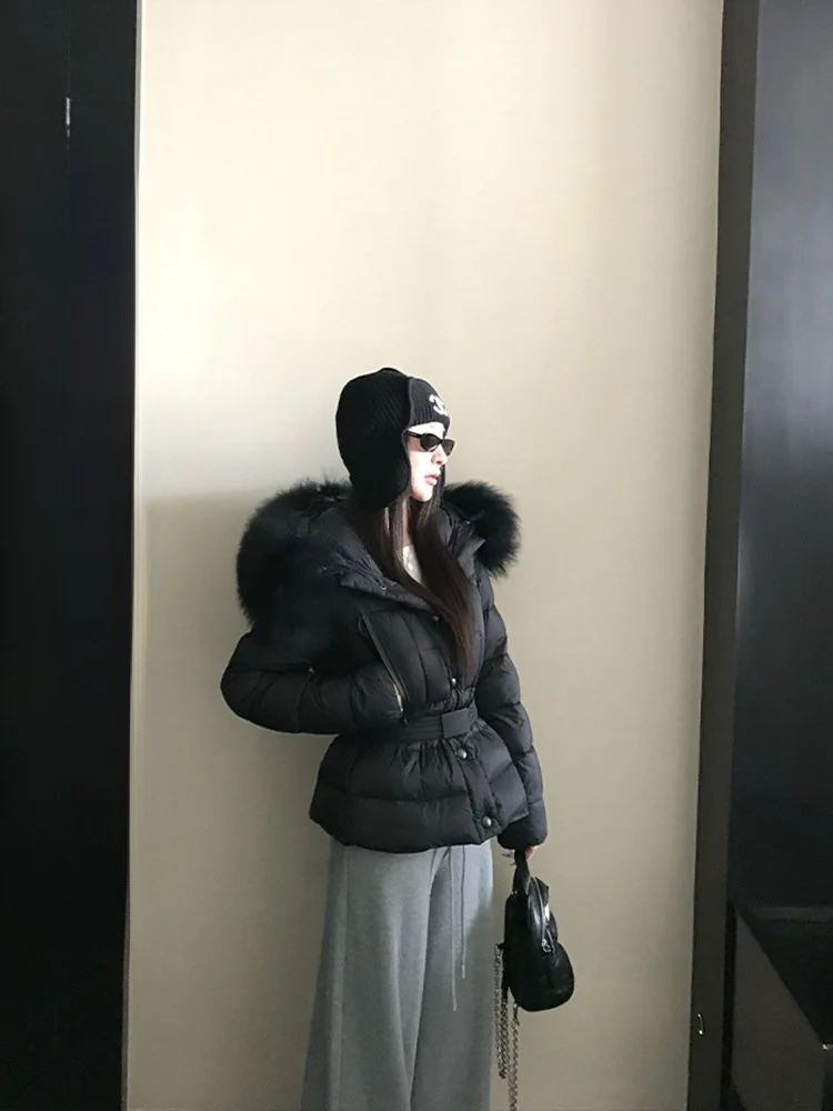 

Skk Store mengling Puffy 90 White Du down ort Coat with Waist Cinching Wool Collar And Fluffy Sensation Women's Jaet