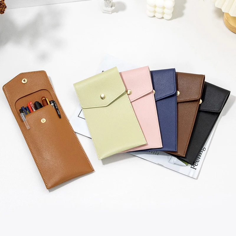 Vintage Snap Button PU Leather Pen Case Pen Pouch Mini Stationery Organizer Bag For Students Office Women Men Business Accessory