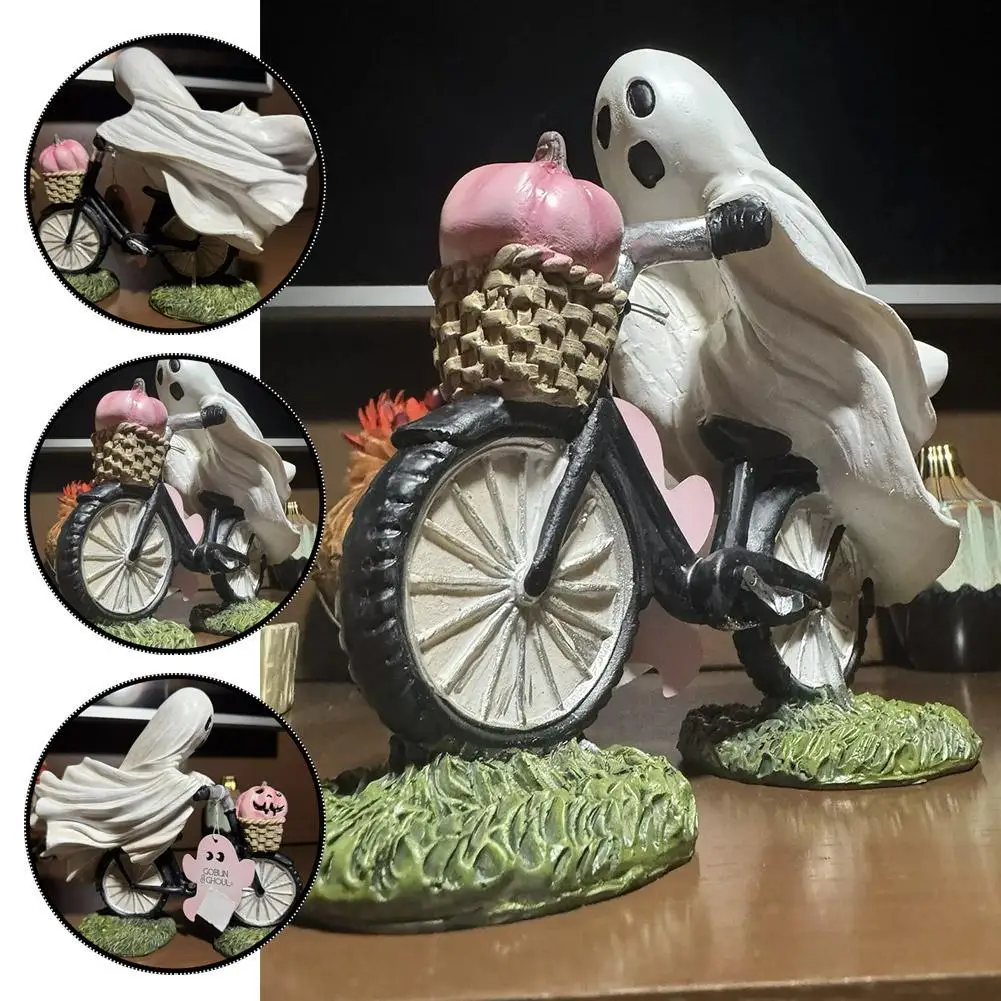 Ghost Bike Rider With Pink Pumpkin Halloween Decor Tabletop Home Halloween Cute Figurine Decorations I4e2