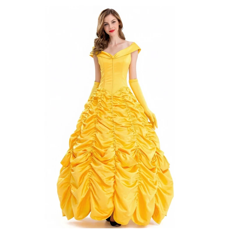 Adult Beauty and the Beast Belle Cosplay Dress Women Off Shoulder Vintage Evening Prom Gown with Long Gloves Halloween Costume