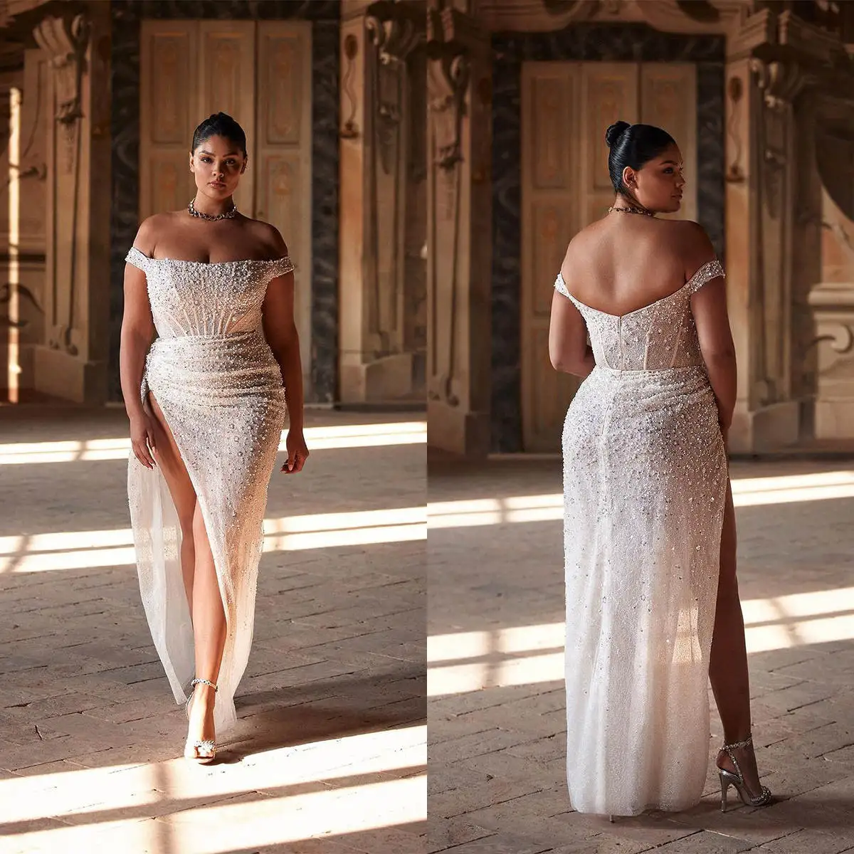 

Plus Size Mermaid Wedding Dress Appliques Sequined Pearls Off Shoulder Bride Gowns High Split Pleats Bridal Dresses Custom Made
