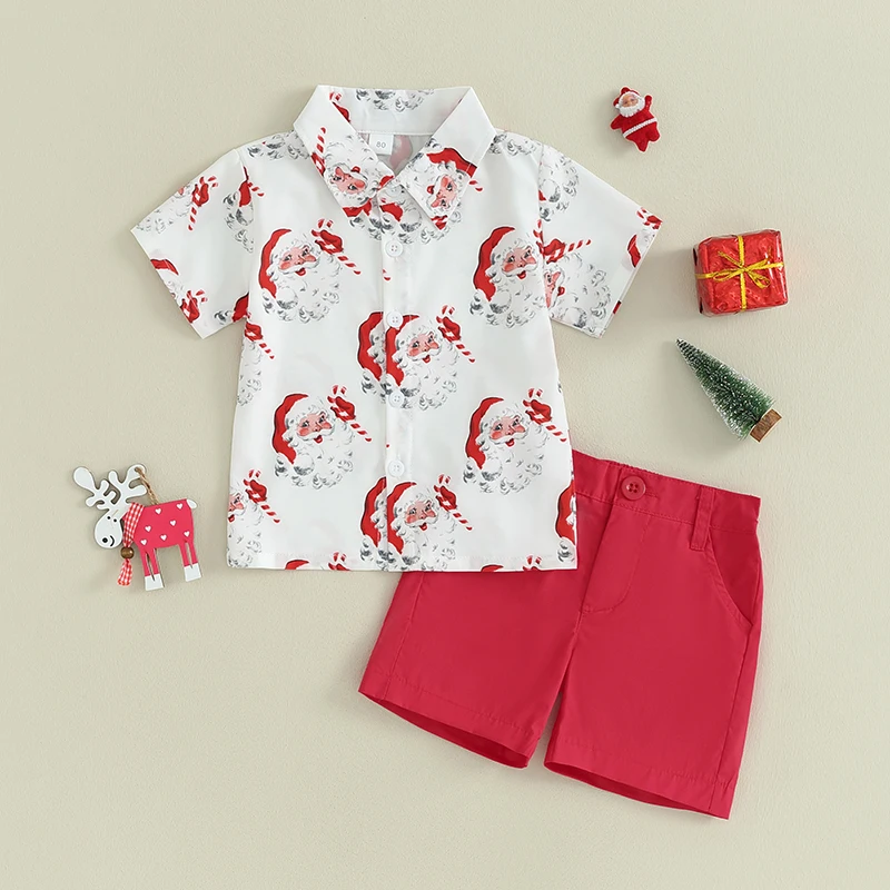 Toddler Boys Christmas Outfit Set Short Sleeve Santa Claus Print Shirt with Shorts Kids Holiday Clothing Ensemble