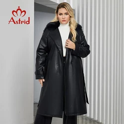 Aster D-gabardina de piel sintética para mujer, abrigo de piel sintética con Cuello de piel, cinturón de solapa, doble botonadura, chaqueta impermeable suelta, abrigo de PU A la moda, talla grande