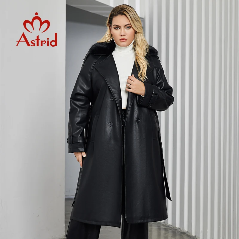 Astrid Plus Size Faux Leather Trench Coat Women Fur Collar Lapel Belt Double Breasted Loose Waterproof Jacket Fashion PU Coat