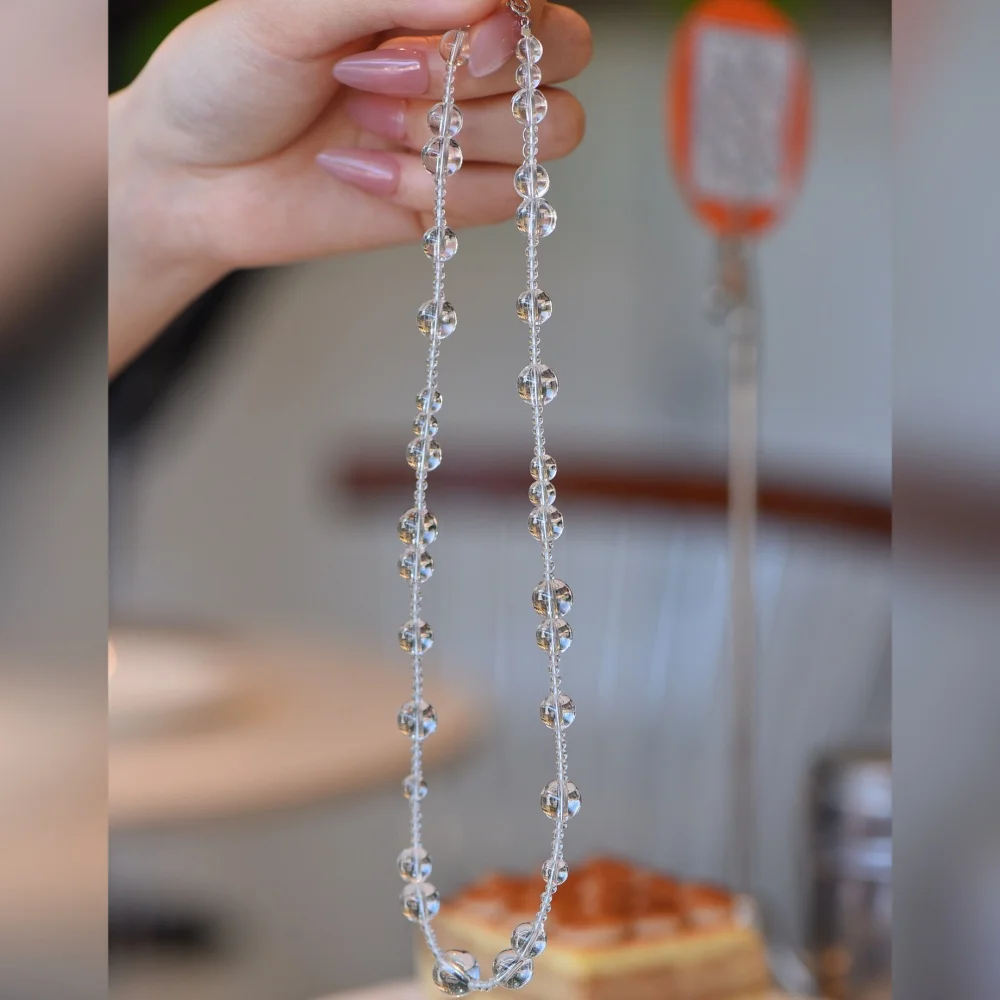 1 Pc Fengbaowu Natural Clear Rock Quartz Necklace Round Beads 925 Sterling Silver Crystal Reiki Healing Stone Jewelry Gift Women