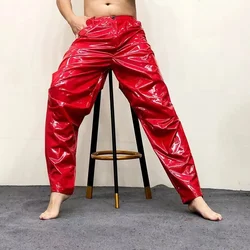 Men's PU Leather Pants Mid Waist Loose Black Streetwear Casual PVC Pencil Motorcycle Pants Hip-hop Solid Streetwear Winter 2023