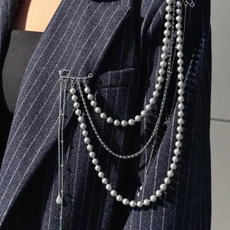 Women Elegant Luxury Pearl Pin Corsage Vintage Multi-layer Long Tassel Chain Brooch Safety Pins Party Jewelry Gift