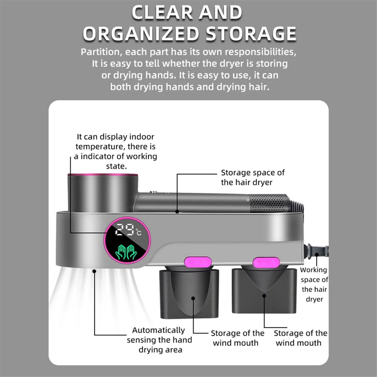 For Dyson Hair Dryer Holder, with Drying Function,Without Punching, Hair Dryer Storage Rack with Thermometer EU Plug HOT