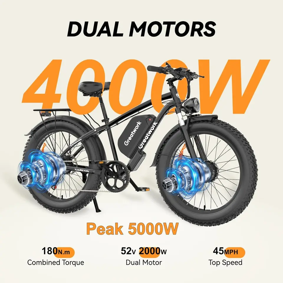 52V 5000W Peak Dual Motor Electric Bike for Adults, 1300Wh Battery, Up to 45MPH  100 Miles Range, 26" x 4.0 Fat Tire Electric image 5