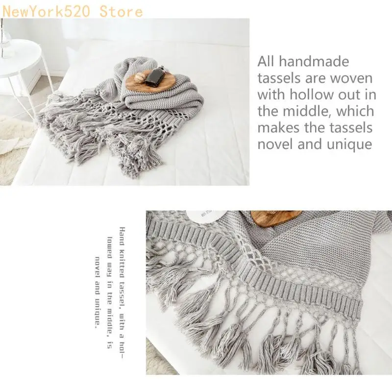 Nordic Sofa Chunky Knitted Throw Blanket with Tassels Stylish Hand-Knit Hollow Out Color Air Conditioning Shawl Cover N84C