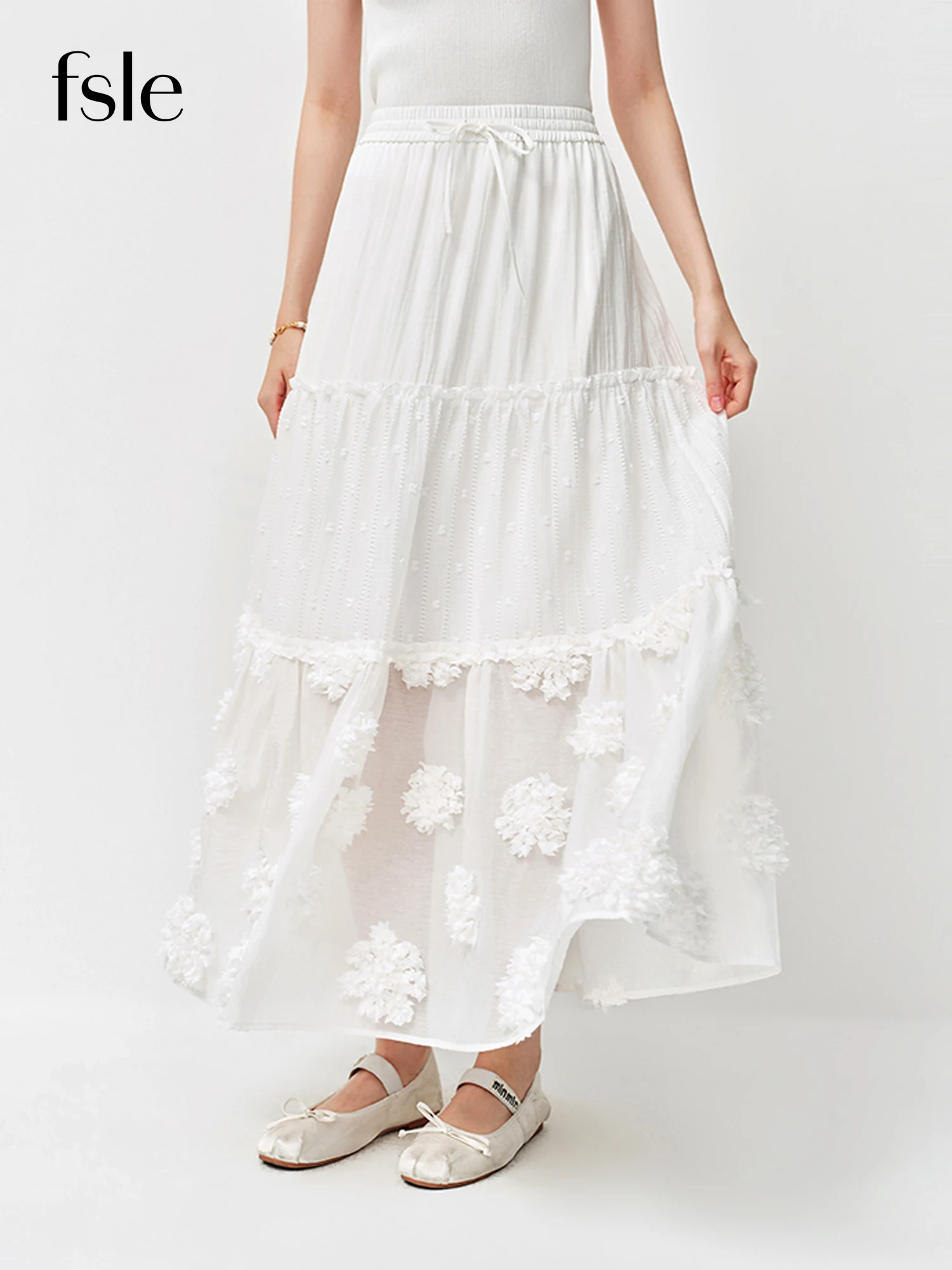 Spódnica midi damska FSLE 2026 Summer, warstwowa, z kwiatowym haftem 3D, biała spódnica w kształcie litery A w stylu retro coquette, elegancki styl.