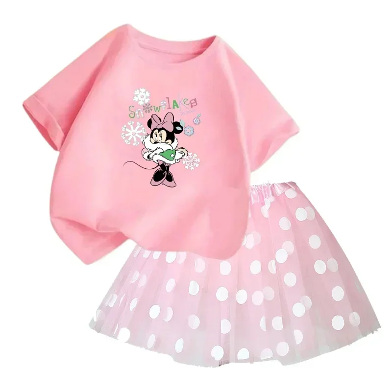 Disney Mickey Child Cotton T-shirt Fluffy Ballet Princess Tutu Skirt 2 Piece Set Baby Clothes Girl Birthday Lace Skirt Suit