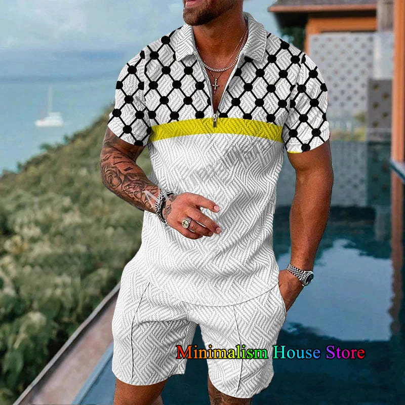 Men's Tracksuit Luxury 3D Print Short Sleeve Zipper Polo Shirt Shorts 2 Pieces Sets Summer Sports Suit Oversized Male Streetwear