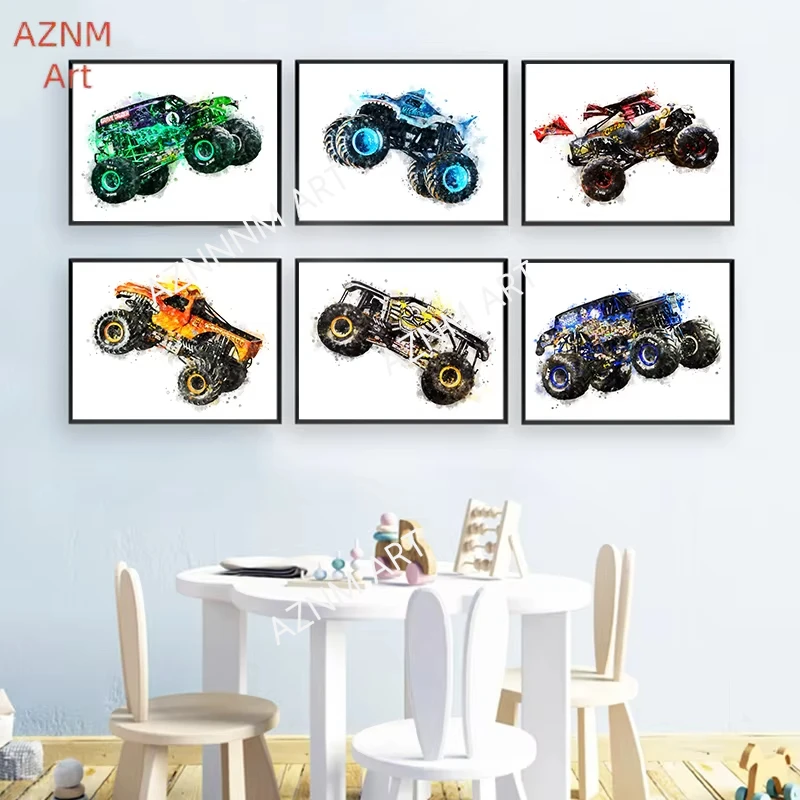 Monster Trucks Watercolor Art Print Kids Boys Room Decoration Canvas Painting Grave Digger Megalodon Poster Nursery Wall Decor