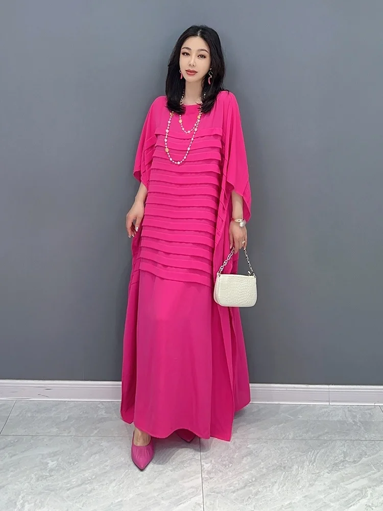 Vefadisa2024 Summer New Fashion Bat Sleeves Dress Personalized Pleated Tassel Rose Red And Blue Women Elegant Trendy Dress ZY682