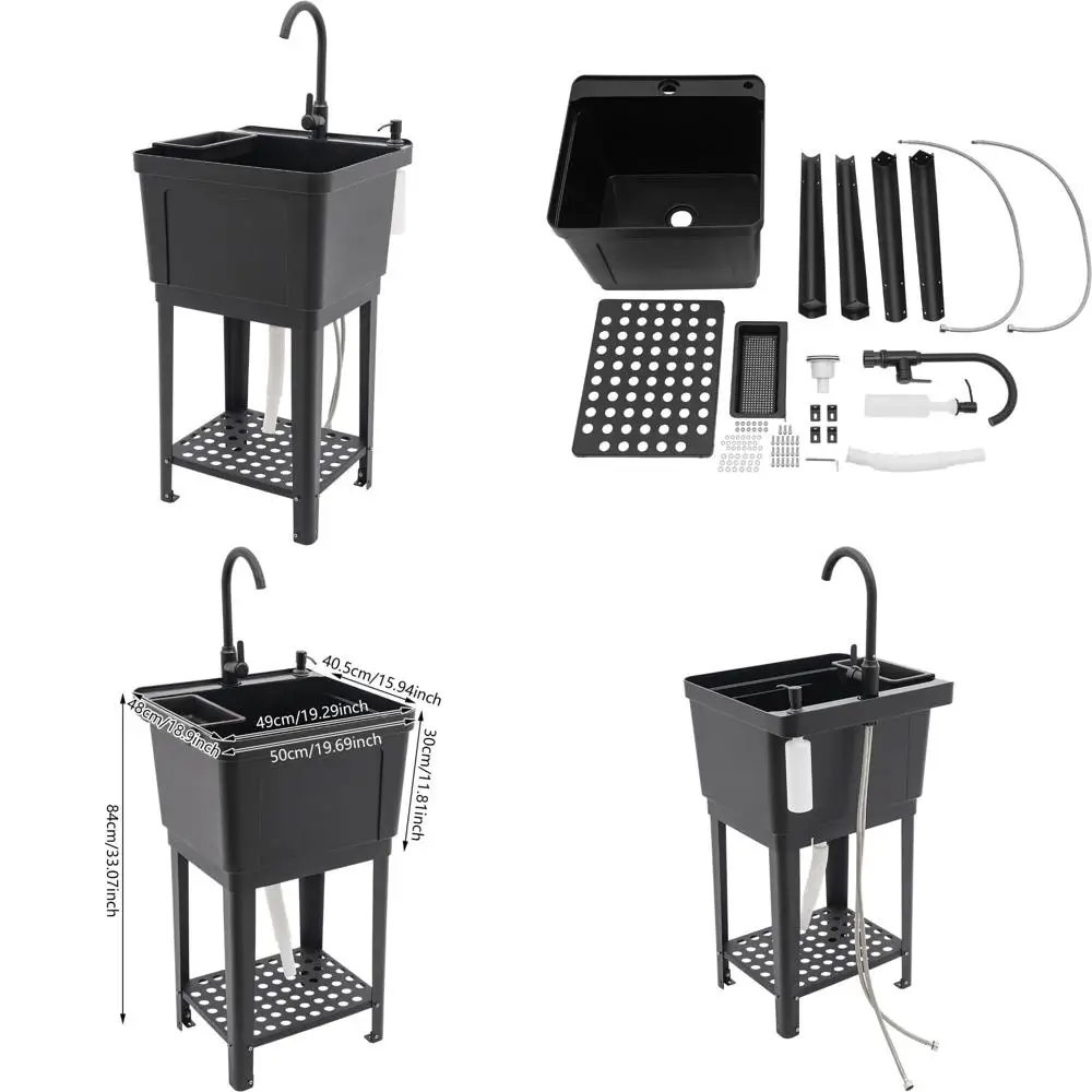 

Plastic Freestanding Laundry Sink with Storage and Rotatable Faucet - Black Space-Saving Utility Tub for Efficient Cleaning