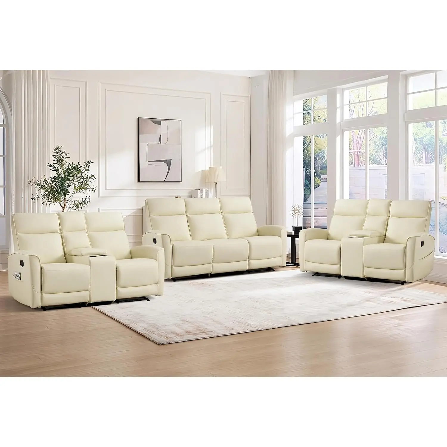 2-Piece Premium Faux Leather Manual Reclining Sofa Set, Include 2 Loveseat 2-Seater with Center Console and Nursery 3-Seater