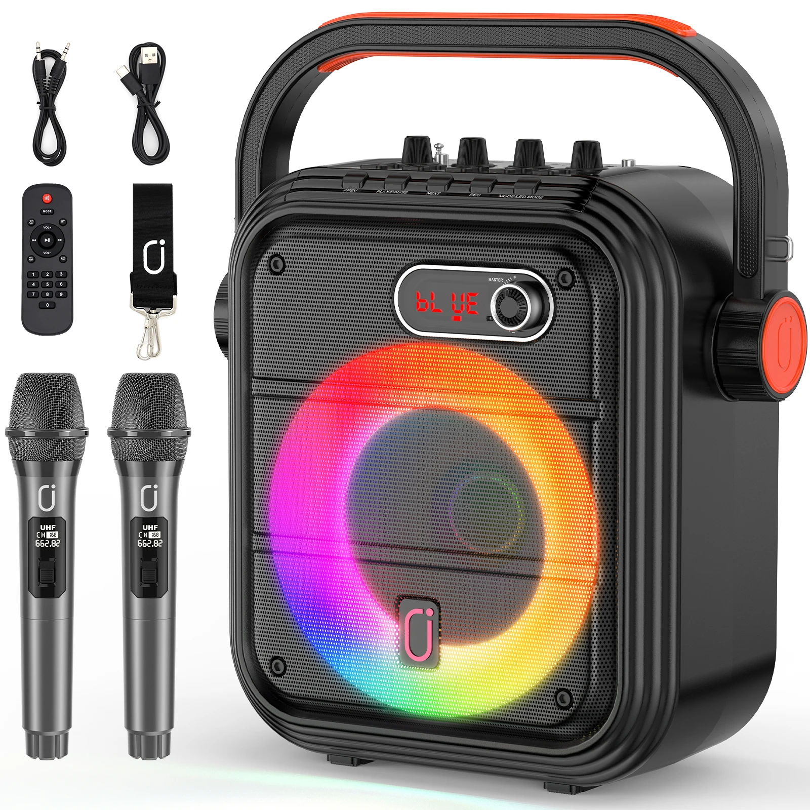 

Karaoke Machine with 2 Wireless Microphones, Portable Bluetooth Speaker with RGB Light, Supports TF/USB, AUX, FM, Rec, TWS