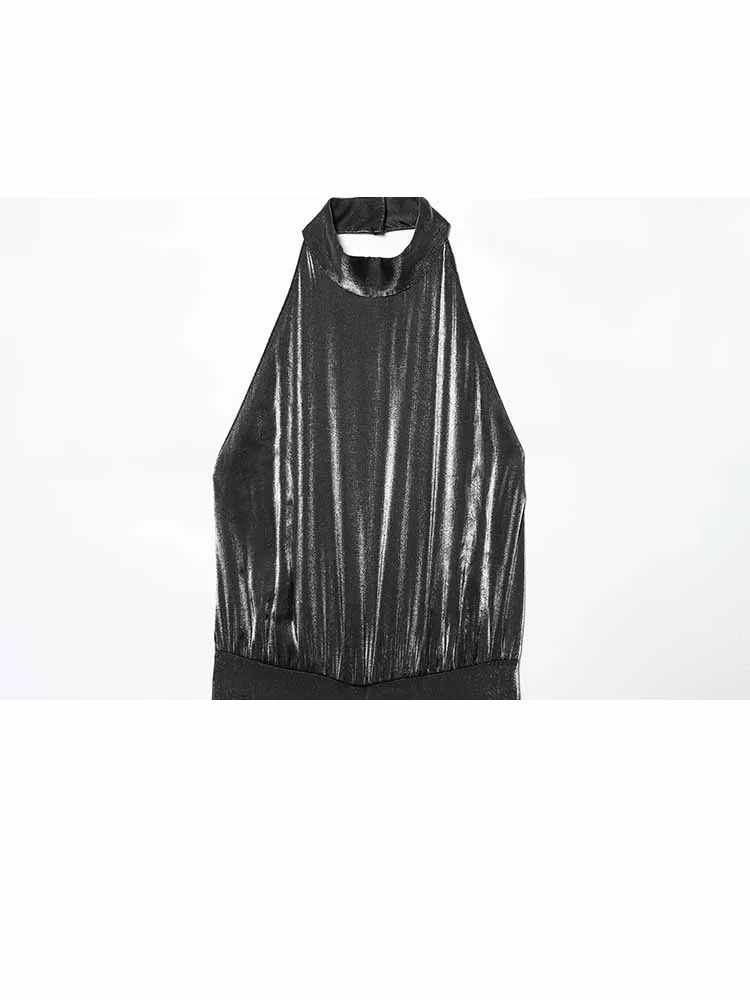 Damski letni kombinezon z dekoltem typu halter, plisowanymi detalami, odkrytymi plecami, bez rękawów, zapinany na zamek, z bufiastymi nogawkami, casualowy.