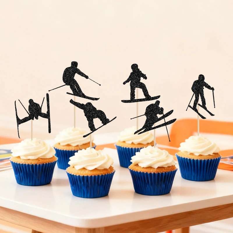 YOMDID 24 Stück Cupcake-Topper mit Ski-Thema, Silhouette, Skifahrer, Snowboarden, Cupcake-Topper, Picks für Winter-Kuchen-Dekorationen, Zubehör – Detail 8