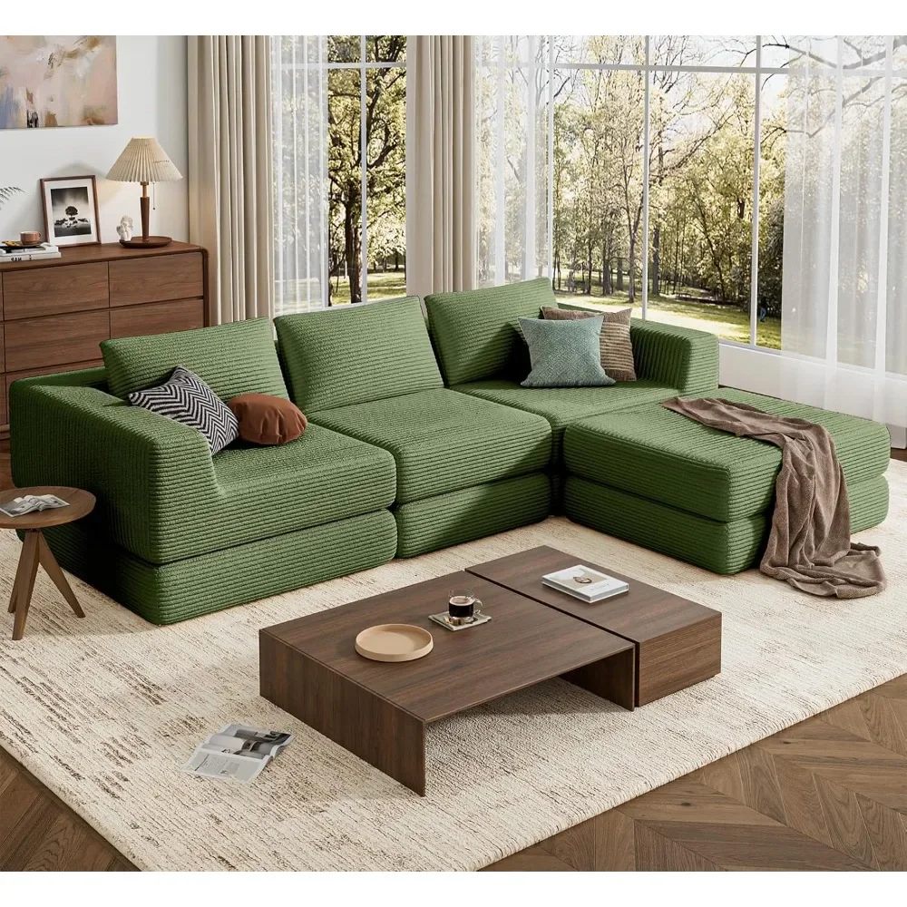 

L-Shaped Corduroy Modular Sectional Couch, Modern Floor Couch Sofa for Apartment Living Room, Convertible Sleeper Sofa Bed.