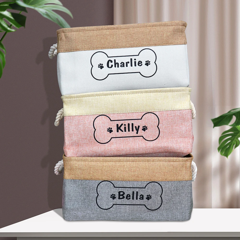 Personalized Dog Basket Custom Pet Toy Storage Bag Foldable Dogs Storage Baskets For Dogs Toys Clothes Free Print Name Bone Paw