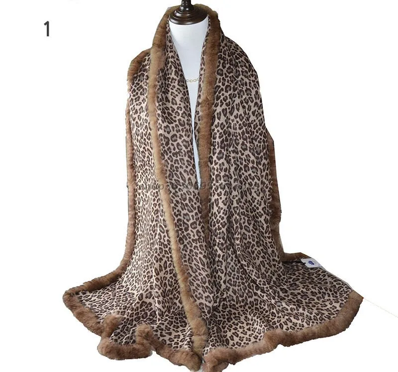 

100% Pure Wool Scarf with Real Rex Rabbit Fur Trimmed Light weight Wraps Leopard Print Fashion Neck Warmer for Winter Women