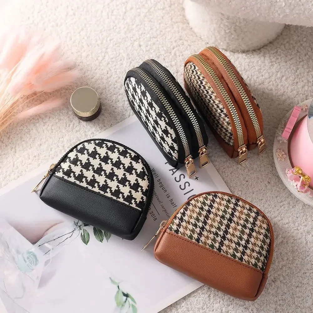 Women Small Wallet Houndstooth Fabric Embroidery Canvas Leather Card Holders Bags Double Layers Zipper Mini Key Coin Purses