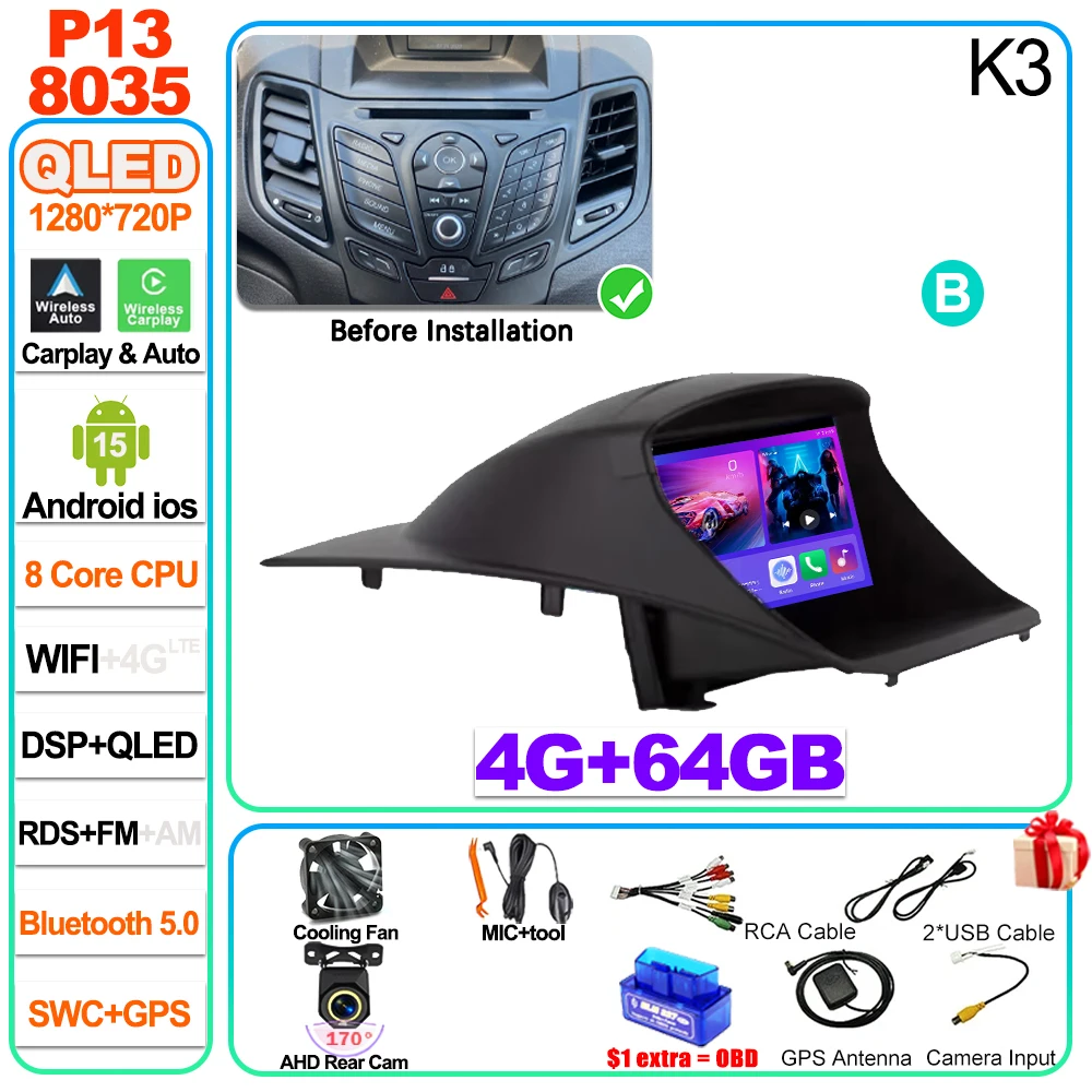 Auto radio Carplay Android 16 voor Ford Fiesta Mk 6 2009 2010 2011 2012 2013 2014 -2018 Radio Multimedia Videospeler Scherm GPS