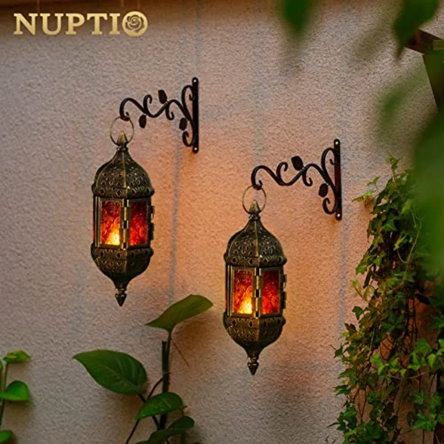 Hanging Hexagon Candle Lanterns For Home Decor, Bronze Metal With Red And Purple Glass, Handmade Tea Light Holders, 6