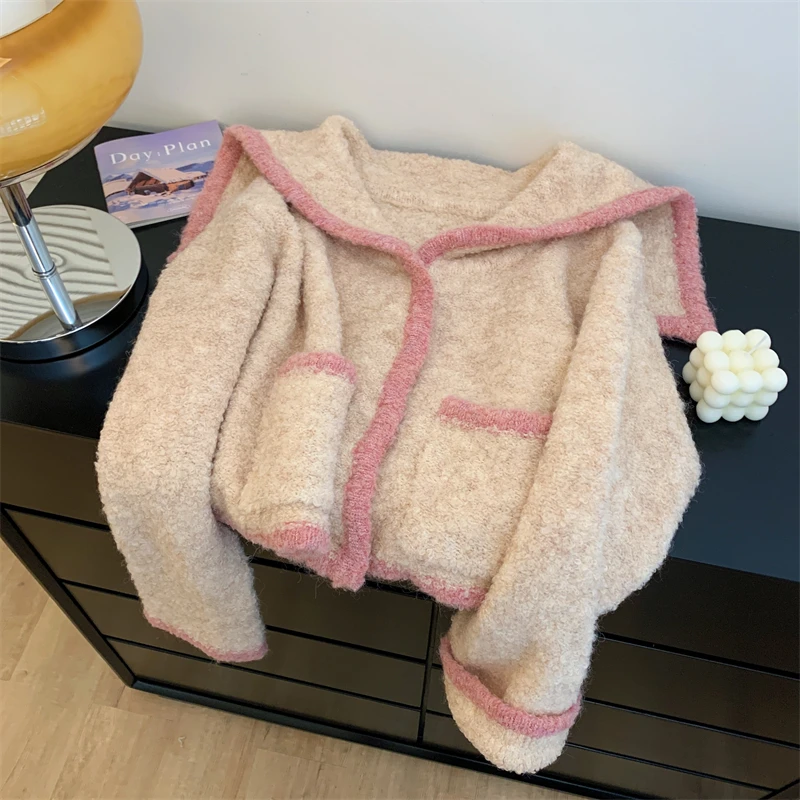 Gentle Fleece Sweater Coats Women Autumn Winter New Sailor Collar Pockets Apricot Pink Knitted Cardigans Elegant Warm Loose Tops