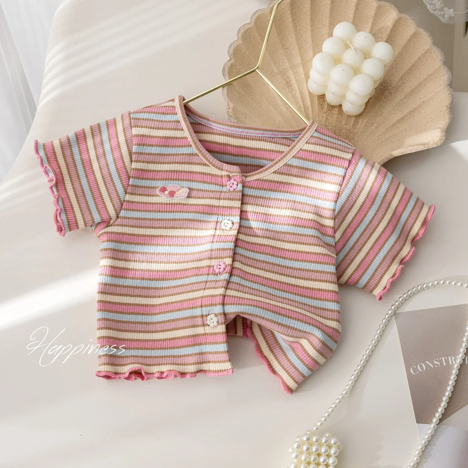 

Girls Summer Korean Fashion Stripe T-shirt 2024 Summer Fashion Baby Short Sleeved Top Trend Girl Clothes