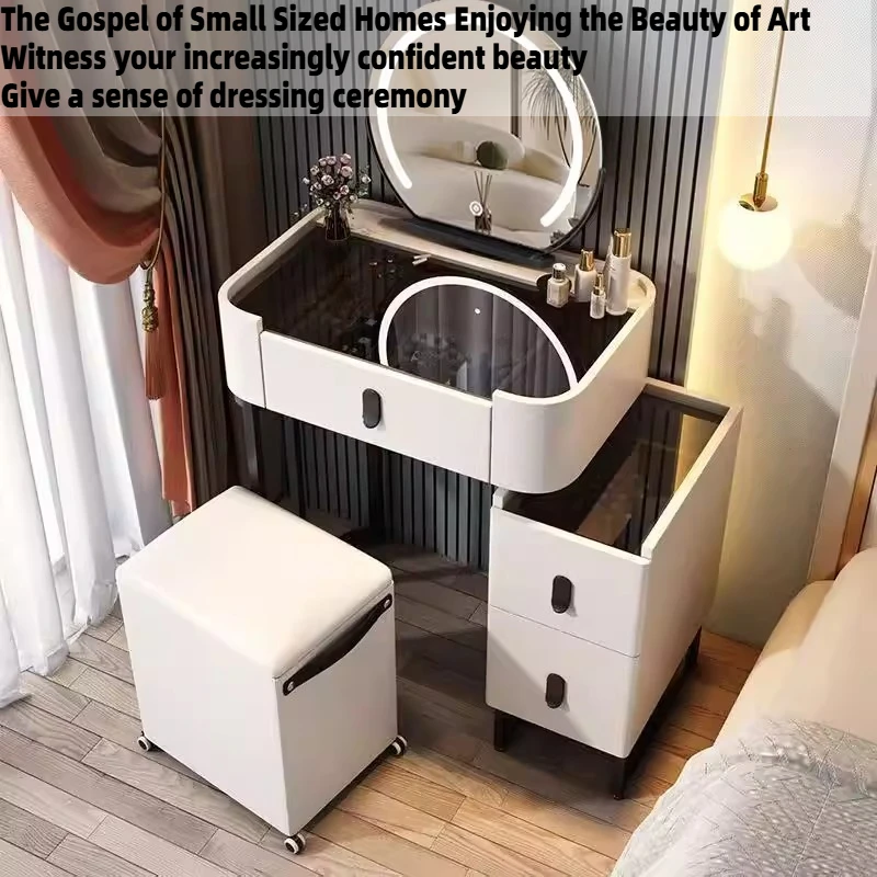 Simple Modern Dressing Table Master Bedroom Storage Cabinet Makeup Vanity Desk Toiletries LED Mirror Stool Hotel Furniture
