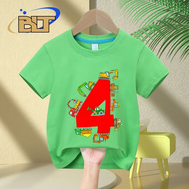 Camiseta de 4 ° cumpleaños con estampado de excavadora y camión de construcción para niños, algodón, manga corta, regalo sorpresa