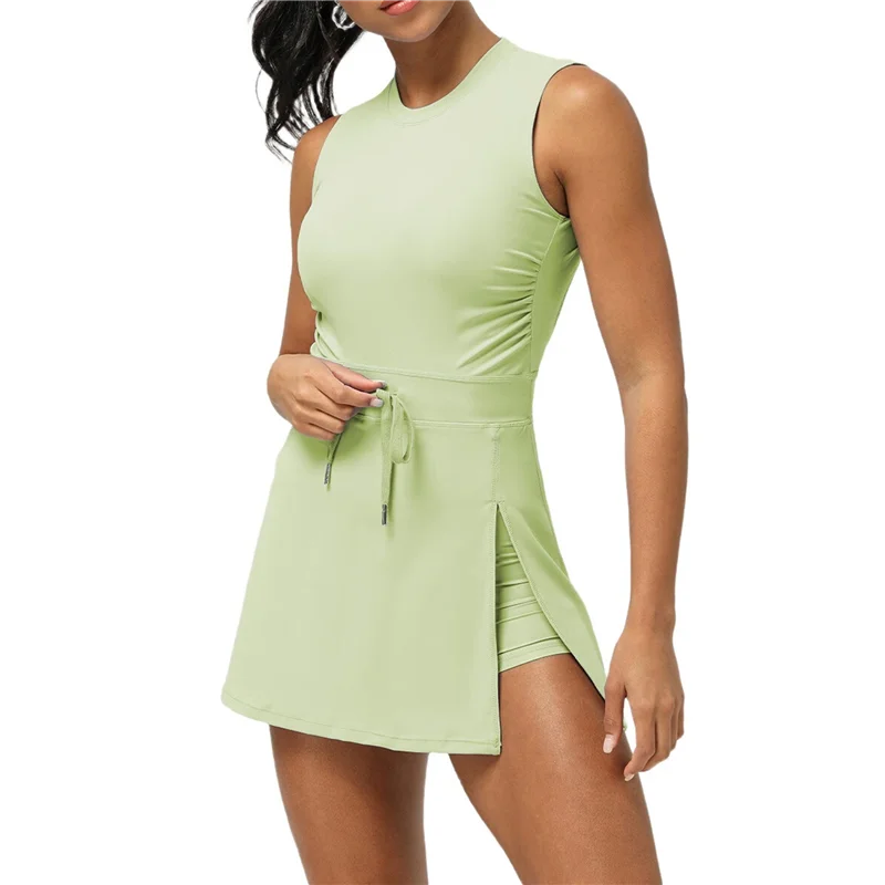 Vestido de tênis feminino com shorts embutidos, macacão atlético de treino aberto nas costas Skort Dress-A55G