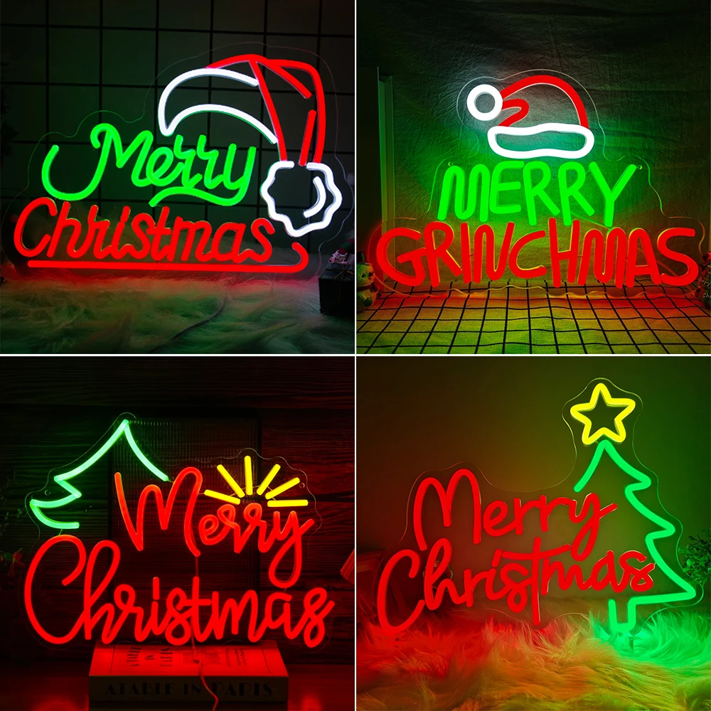 Feliz natal sinal de néon led santa chapéu luzes de néon para decoração da parede sinais brilhantes para o quarto festa em casa feliz natal