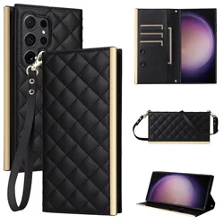 Rhombus PU Leather Crossbody Phone Case For Samsung Galaxy S24 Ultra S23 Plus S22 S21 FE S20 S10 S10E S9 Card Slot Wallet Cover