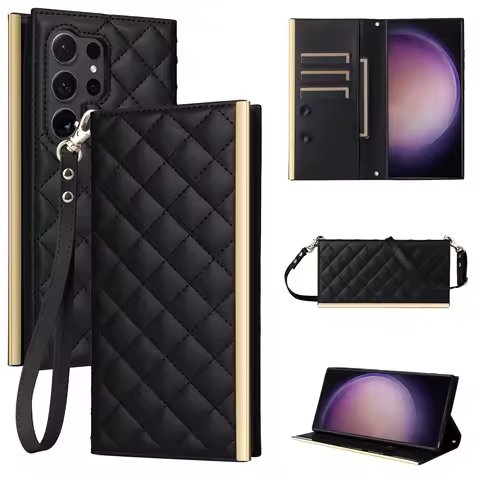 Rhombus PU Leather Crossbody Phone Case For Samsung Galaxy S24 Ultra S23 Plus S22 S21 FE S20 S10 S10E S9 Card Slot Wallet Cover