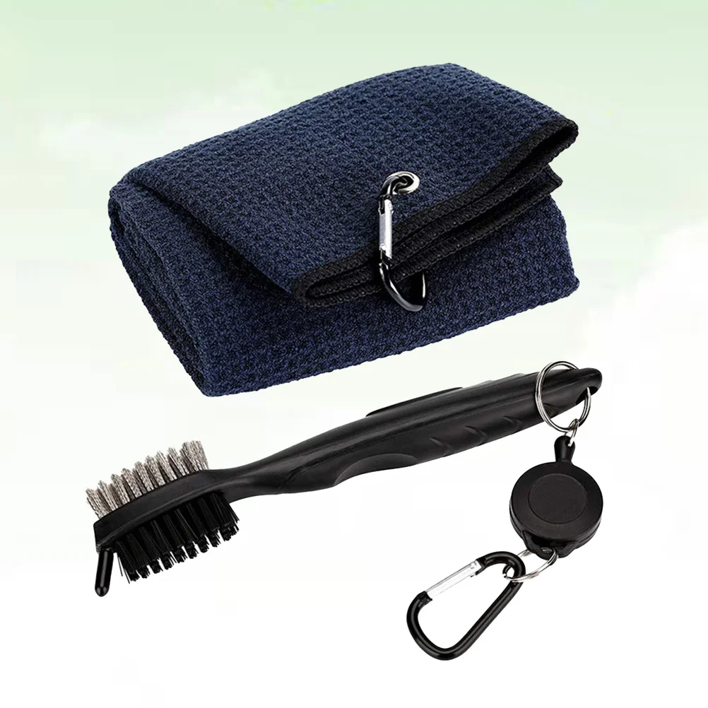 

Golf Cleaning Kit Microfiber Towel Double Sided Brush Retractable Cable Carabiner Club Accessory For Golfers Grey
