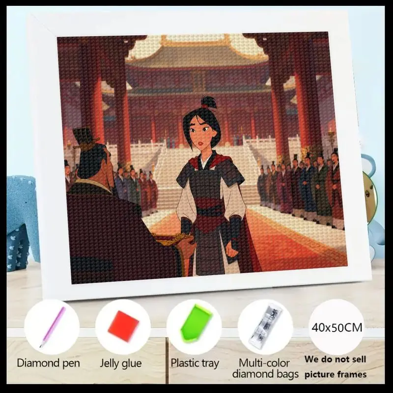 

1PC Disney Mulan Diamond Painting 5D Full Drill DIY Diamond Art Kit, Mulan The Warrior Heroine & Emperor Palace Scene Large Gem